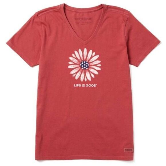 🔹️Life Is Good Faded Red Americana Daisy Vneck Short Sleeve Top Medium - Picture 1 of 11